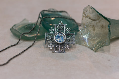 Silver 925 pendant Jerusalem cross roman glass