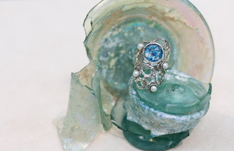 Silver 925 roman glass and pearls Ring